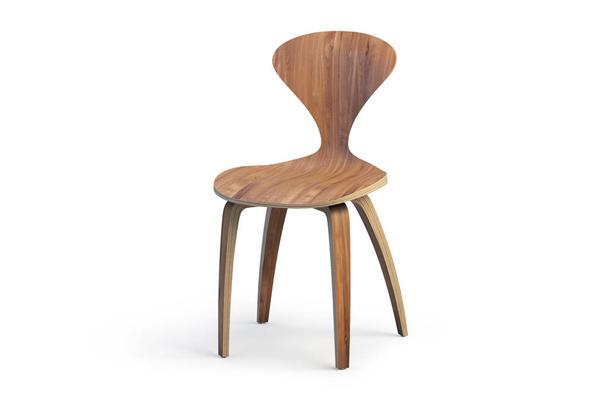 Modern wooden chair on on wooden legs. Modern side chair on white background with shadows. 3d render - Foto, Imagem