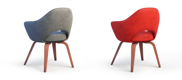 Современные серые и красные кресла с текстильным сидением и деревянными ногами на белом фоне с тенями. 3D рендеринг
 - Фото, изображение