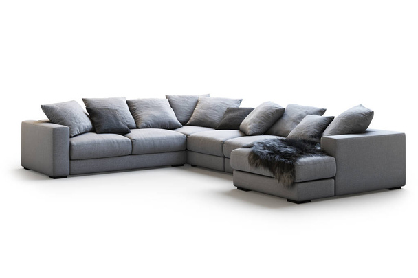 Μοντέρνα υφάσματα καναπέ με μαξιλάρια και καρό σε λευκό φόντο με σκιές. Σκανδιναβικό στιλ. Μοντέρνο στυλ. Σκούρο γκρι ύφασμα ταπετσαρίας. 3D καθιστούν - Φωτογραφία, εικόνα