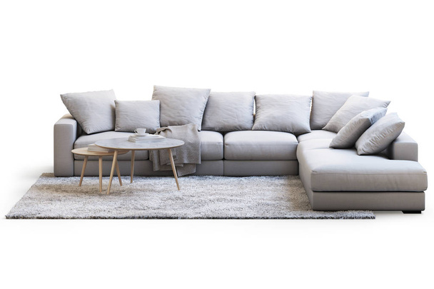 Mobiliário moderno com sofá, carpete e mesas de café sobre fundo branco com sombras. Tapete com pilha longa. Estilo escandinavo. Estilo moderno. Estofos de tecido de creme. Renderização 3d
 - Foto, Imagem