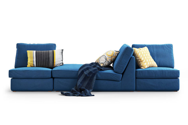 Modern, sötét kék textil kanapé színes párna és takaró fehér háttér árnyékok. Skandináv stílusban. Modern stílusban. Sötét kék szövet kárpit. 3D render - Fotó, kép