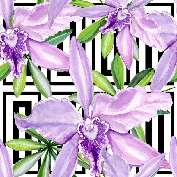 シームレスなパターンの花は水彩で実行されます。花の完全な名前は蘭の花 - 写真・画像