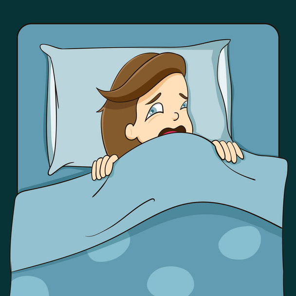 Mujer insomne en la cama, asustada todo el tiempo - Vector, imagen