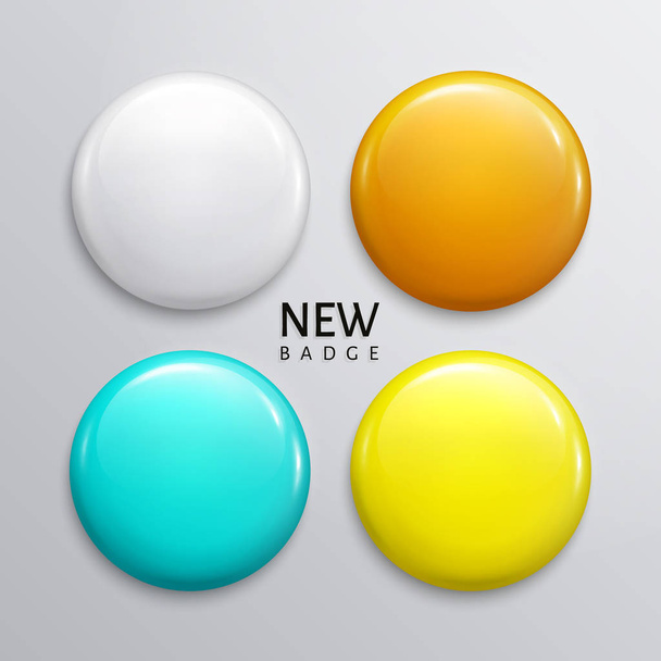 空白の光沢のあるバッジ、ピンまたは web ボタン。4 つの色、白、オレンジ、ターコイズ、黄色。ベクトル. - ベクター画像