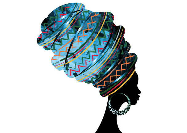 портрет красиві африканські жінка в традиційних тюрбан, Кенте голову обгортання Африканська, традиційні dashiki друку, чорні жінки векторні силует ізольовані з традиційних кістки сережки, концепція зачіска - Вектор, зображення