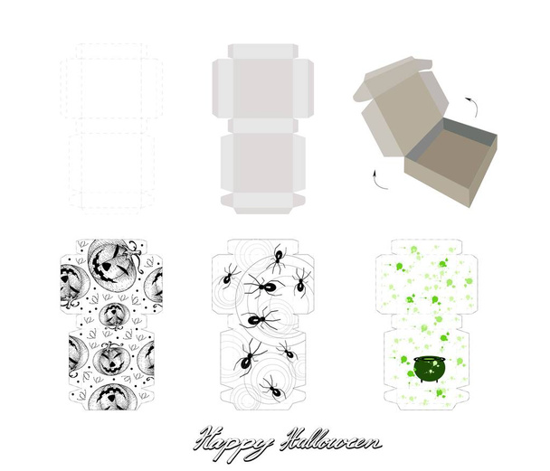 Modello di modello di scatola di cartone da asporto modellato per il design del pacchetto con zucche Jack-o-Lanterna, ragni malvagi e vaso avvelenato per festa di Halloween
 - Vettoriali, immagini