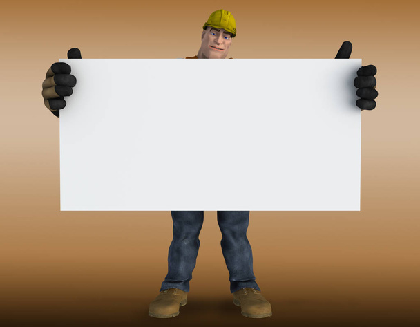 3D Construction Worker character wearing a tool belt and hard hat, holding a white sign board on a brown background. Idea for industrial, retail and book cover design work. One of a series. - Foto, Imagem