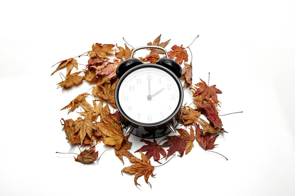 Obrázek podzimu změnu času, pádu zpět koncept, suché listí a vintage budík černý na dřevěný stůl venku na odpoledne, text - Fotografie, Obrázek