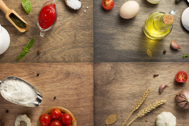 food ingredients and spices at wooden table, top view - Φωτογραφία, εικόνα