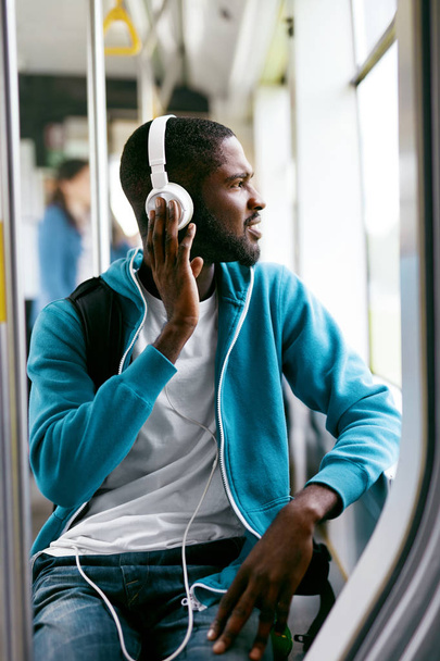 Man In Headphones Listening Music Riding In Transport - Fotoğraf, Görsel