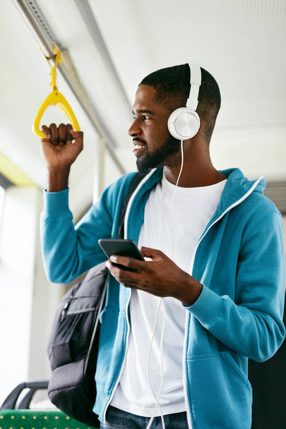 Man Using Phone, Listening Music Traveling In Train - Fotografie, Obrázek