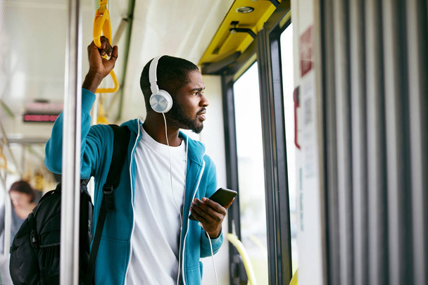 Man Using Phone, Listening Music Traveling In Train - Fotoğraf, Görsel