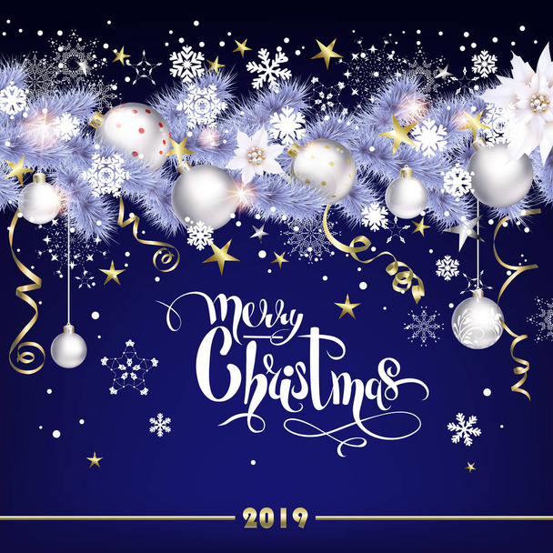 Greeting card with white Christmas balls and spruce - Vector, Image