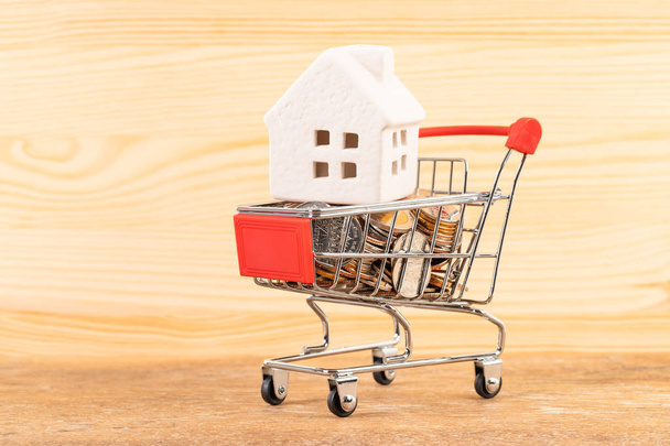Modelo de casa y moneda en concepto de carrito de compras para el ahorro de hipotecas
 - Foto, Imagen