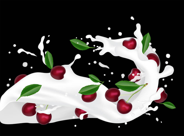 Milk splash 3d illustration with falling cherries, leaves, slices. Cream pouring wave yogurt packaging template. Realistic organic cherry fruit dairy product. Vector EPS10.  - Vector, Image