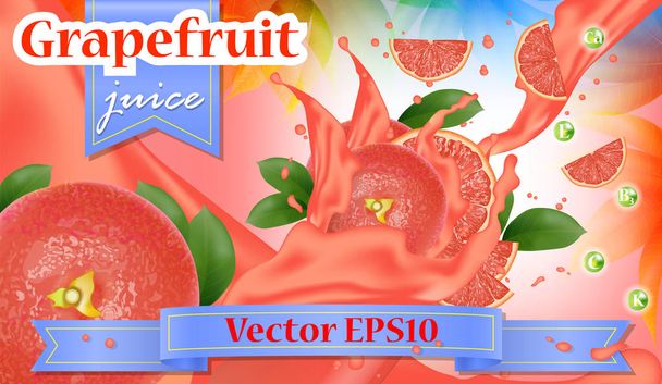 Grapefruit red pink juice advertisement. Splashing juicy sliced fruits. Realistic 3d splash package design. Advertising Template, Promotion Banner. Vector Illustration. - Vector, Image