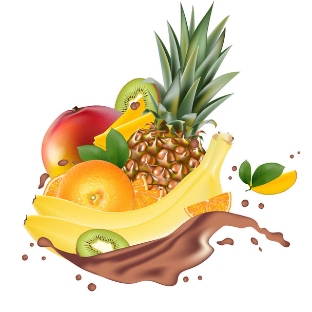 3 d プロモーションのバナー広告、現実的なマンゴー、ピーチ、レモン、オレンジ、バナナ、パイナップル、キウイの葉, ビタミン ジュース滴落下スライスとしぶきをベクトルします。アイスクリーム、ヨーグルト ブランド広告.  - ベクター画像