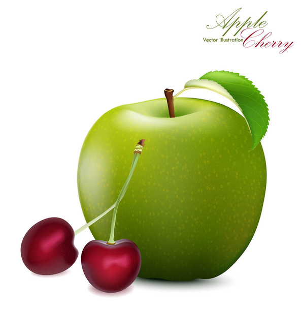 Apple en Cherry Set. Realistische 3D-appel en kersen. Gedetailleerde 3d illustratie geïsoleerd op wit. Element ontwerpen voor Web of Print verpakking. Vectorillustratie.  - Vector, afbeelding