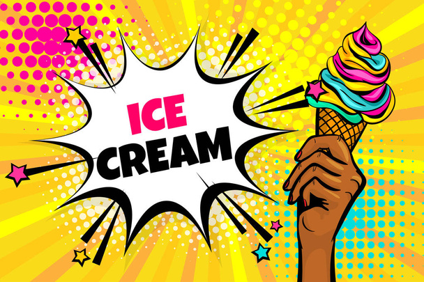 Black african american girl hand pop art woman hold ice cream. Comic text advertise speech bubble. Halftone colored radial summer background. - Vektor, Bild