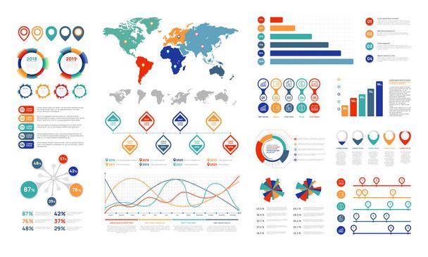 Flat infographic elements. Presentation chart element, percent graph banner and infograph flowchart. Charts for infographics vector set - Vector, Imagen