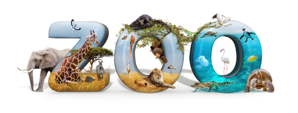 Zoo mot en 3D avec des animaux sauvages de la nature africaine et aquarium scène conceptuelle
  - Photo, image
