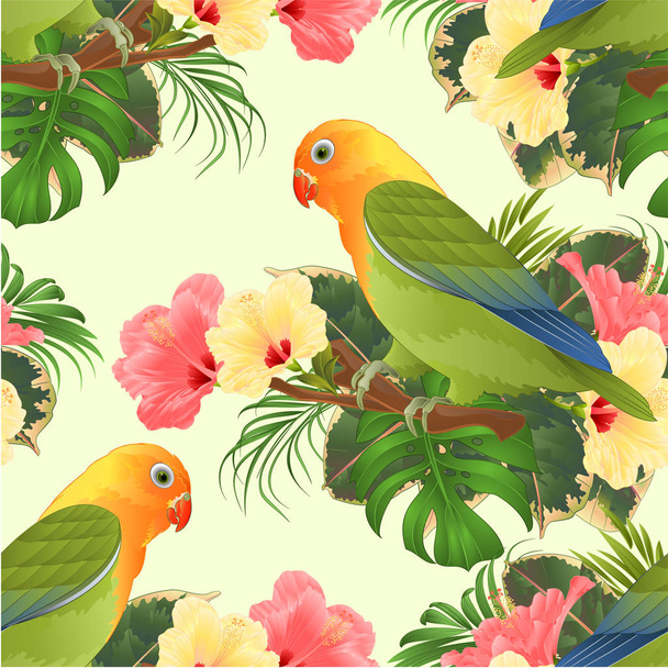 Seamless texture Parrot lovebird Agapornis tropical bird  standing on a branch and hibiscus vintage vector illustration editable hand draw - Vektor, kép