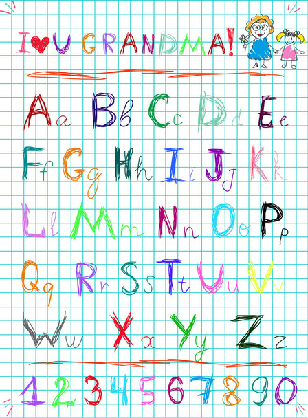 Multicolored baby sketch hand drawn doodle alphabet letters and numerals on squared notebook sheet vector illustration with I love you grandma title and kids drawings of grandmother with granddaughter. - Vector, Image