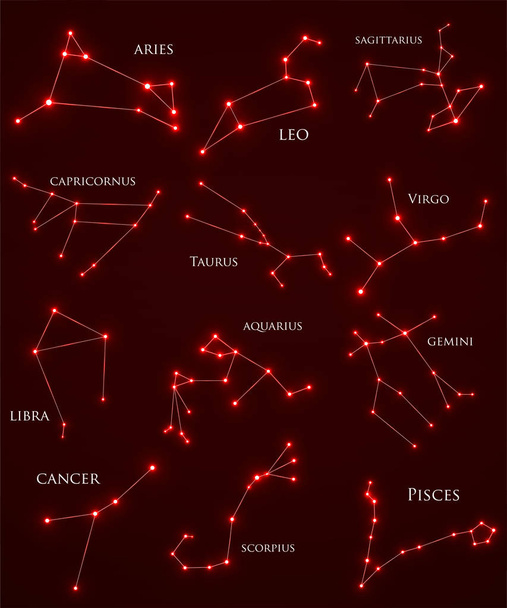 Set van de dierenriem sterrenbeelden. Set Horoscoop: RAM, Leo, Boogschutter, Steenbok, Taurus, Maagd, Weegschaal, Waterman, Tweelingen, kanker, Scorpio, vissen. Vectorillustratie. Eps10 - Vector, afbeelding