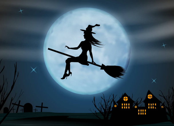 Halloween background. Young witch flying on a broomstick on the background of a full moon over the castle and cemetery. Vector illustration. - Vector, Imagen
