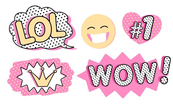 Set of cute vector stickers. Bubble for text, princess crown, WOW, LOL icons and laughing emoji. Pink color with black doodle stroke and dots. Pop art doll style. Photo booth props for birthday party - Vector, Image