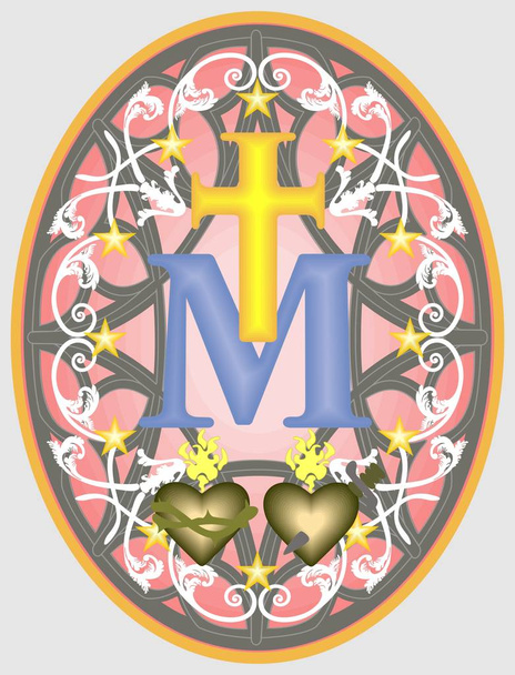 Ihmeellinen mitali Our Lady, monogrammi M ristin alapuolella, ympäröivät tähdet ja koristeet
 - Vektori, kuva