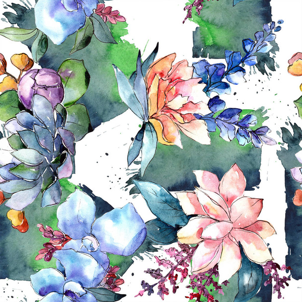 Watercolor colorful bouquet flower. Floral botanical flower. Seamless background pattern. Fabric wallpaper print texture. Aquarelle wildflower for background, texture, wrapper pattern, border. - 写真・画像