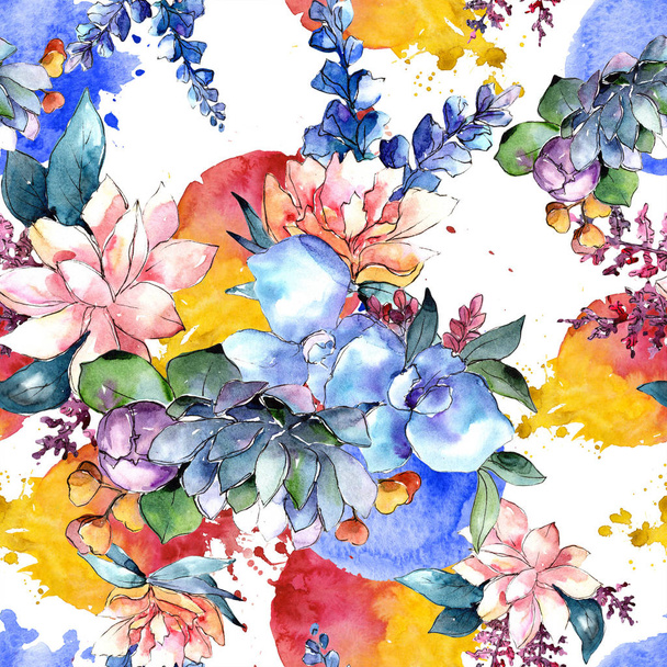 Watercolor colorful bouquet flower. Floral botanical flower. Seamless background pattern. Fabric wallpaper print texture. Aquarelle wildflower for background, texture, wrapper pattern, border. - Photo, Image