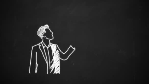 hand van tekening lijnwerk tonen toespraak bubble symbool met witte krijt op blackboard - Video
