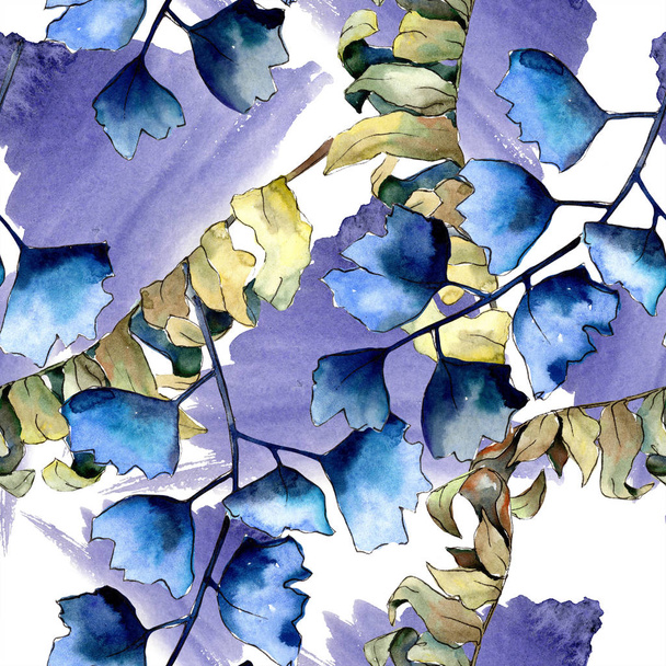 Blue fern leaves. Leaf brake plant botanical garden floral foliage. Seamless background pattern. Fabric wallpaper print texture. Aquarelle leaf for background, texture, wrapper pattern. - Fotografie, Obrázek
