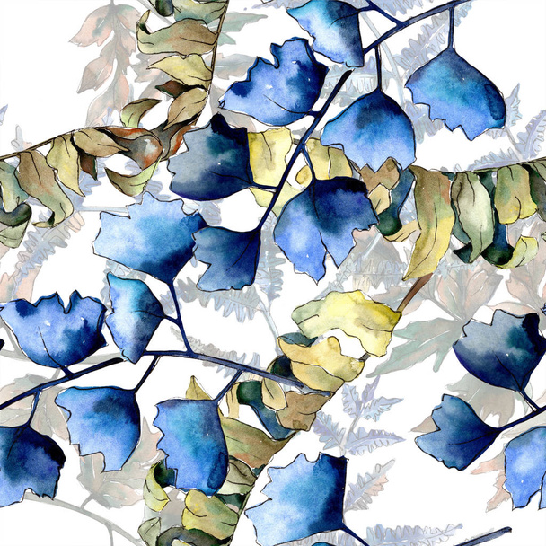 Μπλε φτέρη φύλλα. Φύλλο φρένων φυτό Βοτανικός κήπος λουλουδιών φυλλώματα. Απρόσκοπτη υπόβαθρο μοτίβο. Ύφασμα ταπετσαρία υφή. Φύλλα ακουαρέλας για φόντο, υφή, μοτίβο περιτύλιγμα. - Φωτογραφία, εικόνα
