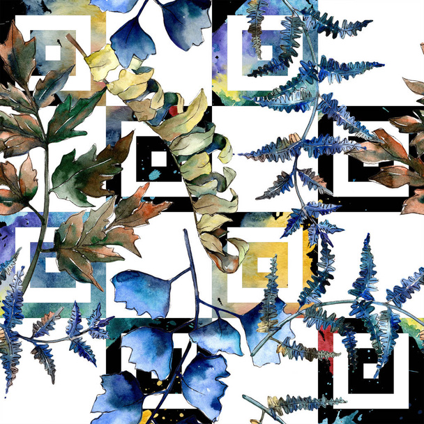 Blue fern leaves. Leaf brake plant botanical garden floral foliage. Seamless background pattern. Fabric wallpaper print texture. Aquarelle leaf for background, texture, wrapper pattern. - Fotografie, Obrázek