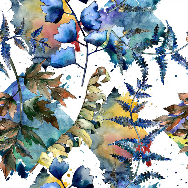 Blue fern leaves. Leaf brake plant botanical garden floral foliage. Seamless background pattern. Fabric wallpaper print texture. Aquarelle leaf for background, texture, wrapper pattern. - Photo, Image