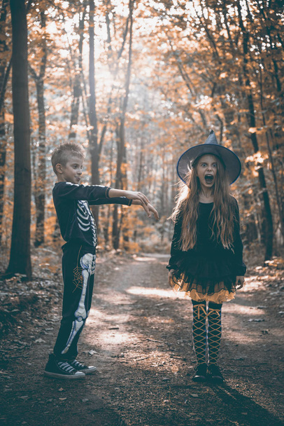 Τα παιδιά ως ζόμπι στο halloween περπάτημα στο δάσος. - Φωτογραφία, εικόνα