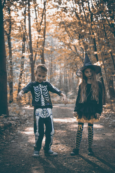 Σκελετός και μάγισσα παιδιά περπάτημα στο δάσος. - Φωτογραφία, εικόνα