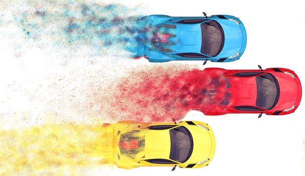 Red, blue and yellow sports cars racing - top down view - Photo, Image