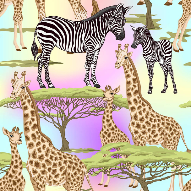 Seamless pattern, background  with adult zebra and giraffe  and zebra and giraffe cubs. Vector illustration.   - Vettoriali, immagini