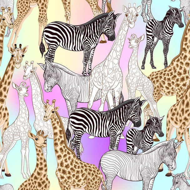Seamless pattern, background  with adult zebra and giraffe  and zebra and giraffe cubs. Vector illustration.   - Vector, Image