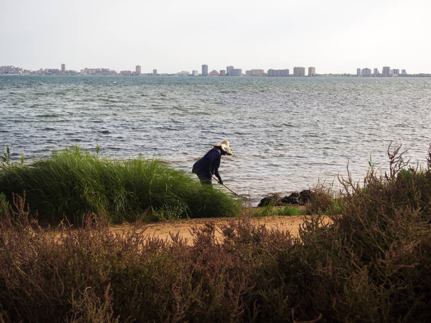 Person reinigt einen Strand in mar menor durch Umweltverschmutzung - Foto, Bild