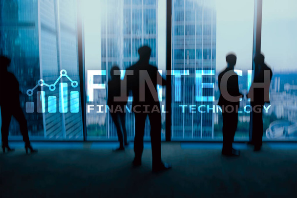 FINTECH - Финансовые технологии, глобальный бизнес и информационные интернет-технологии связи. Фон небоскребов. Бизнес-концепция Hi-tech
. - Фото, изображение
