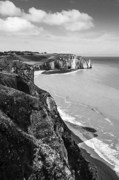 Etretat Aval cliff, rocks and natural arch landmark and blue ocean. Aerial view. Normandy, France, Europe - Foto, Imagem