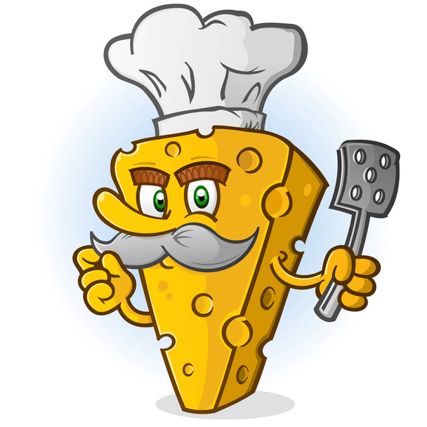 Cheese Chef Cartoon Character with Mustache Holding a Spatula - Vector, Image