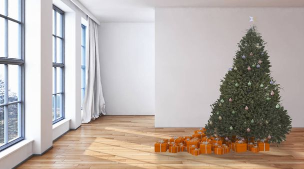 moderne helle Innenräume Wohnung Wohnzimmer mit Weihnachtsbaum 3D-Rendering-Illustration - Foto, Bild