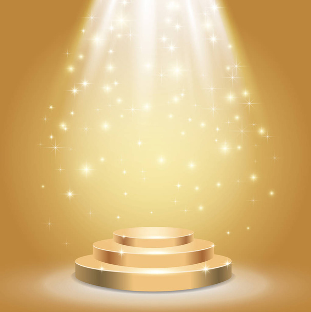Stage podium with spotlight on gold background. Vector illustration - Vector, imagen