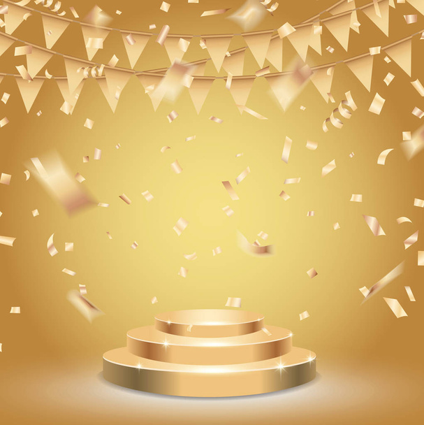 Round gold stage podium on award ceremony background. Vector illustration - Vettoriali, immagini